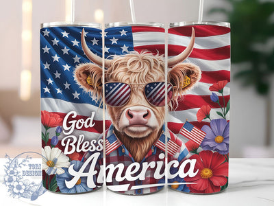 God Bless Cow 20oz Tumbler, Patriotic Highland Cow, Seamless Tumbler Wrap, Sublimation Design, 20oz Tumbler, American Pride, Memorial Day Gift Sublimation ToriDesigns 