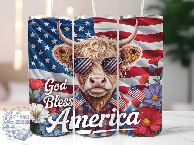 God Bless Cow 20oz Tumbler, Patriotic Highland Cow, Seamless Tumbler Wrap, Sublimation Design, 20oz Tumbler, American Pride, Memorial Day Gift Sublimation ToriDesigns 