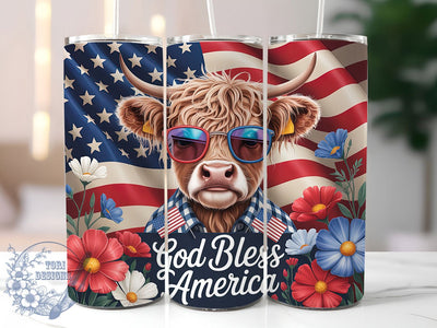God Bless Cow 20oz Tumbler, Patriotic Highland Cow, Seamless Tumbler Wrap, Sublimation Design, 20oz Tumbler, American Pride, Memorial Day Gift Sublimation ToriDesigns 