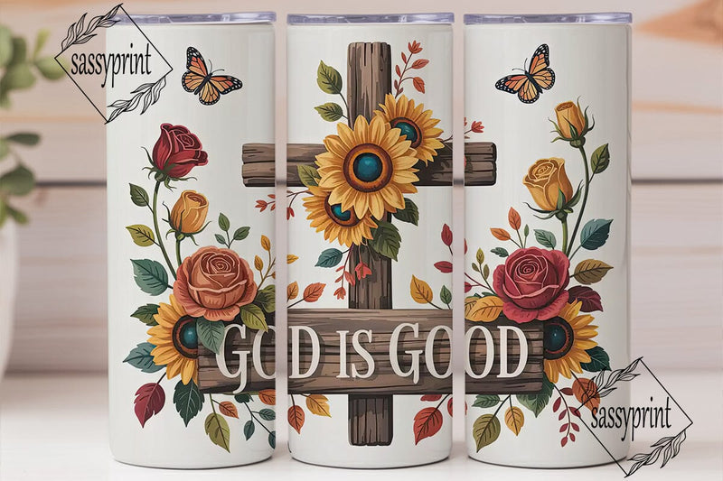 God Is Good Floral Cross 20oz Tumbler Sublimation sassyprint 