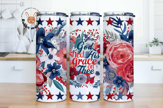 God Shed His Grace on Thee Tumbler Wrap, 4th of July Tumbler PNG, Red White Blue Floral Sublimation Tumbler Design Sublimation Rabbitmakies 
