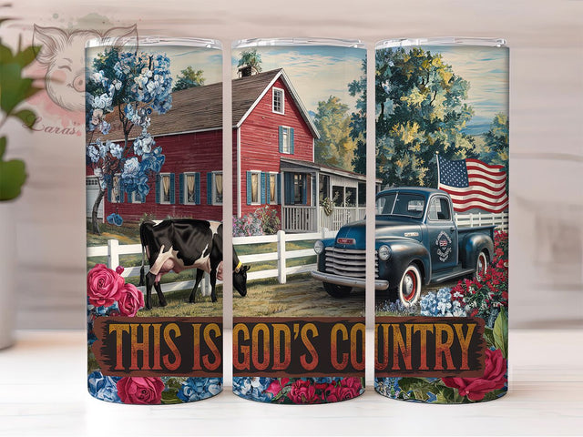 God's Country Tumbler Wrap, Vintage Truck Design, American Flag Art, 20oz Sublimation Template, Skinny Tumbler Wrap, Digital Download, Patriotic Gift Idea Sublimation Lara' s Designs 
