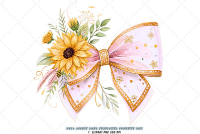 Gold Accent Boho Sunflower Coquette Bow Clipart, gold boho bow, sunflower coquette bow, luxurious bow design, boho sunflower clipart, digital bow design, gold accent bow, sunflower bow art, boho gold design Sublimation FloridPrintables 