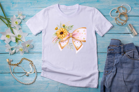 Gold Accent Boho Sunflower Coquette Bow Clipart, gold boho bow, sunflower coquette bow, luxurious bow design, boho sunflower clipart, digital bow design, gold accent bow, sunflower bow art, boho gold design Sublimation FloridPrintables 