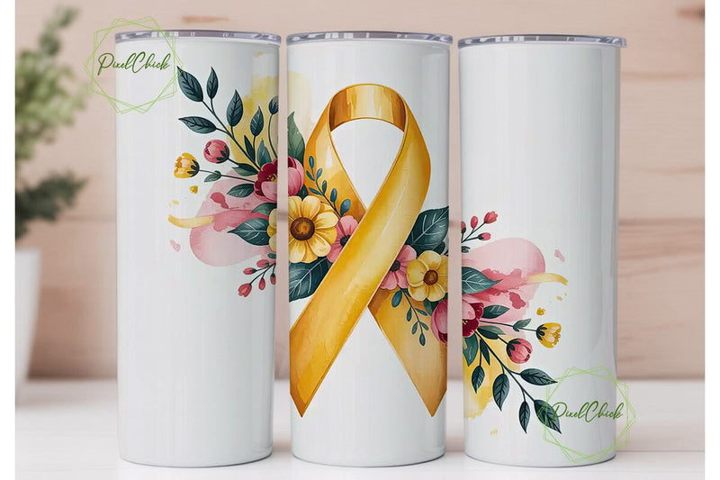 Gold Awareness Ribbon Floral Tumbler Sublimation PixelChick 