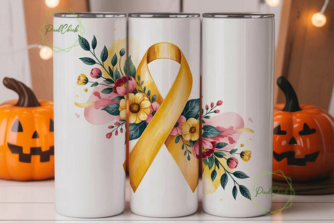 Gold Awareness Ribbon Floral Tumbler Sublimation PixelChick 