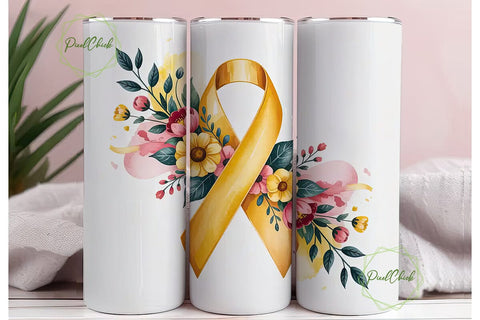 Gold Awareness Ribbon Floral Tumbler Sublimation PixelChick 
