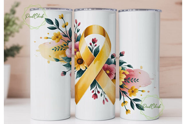 Gold Awareness Ribbon Floral Tumbler Sublimation PixelChick 
