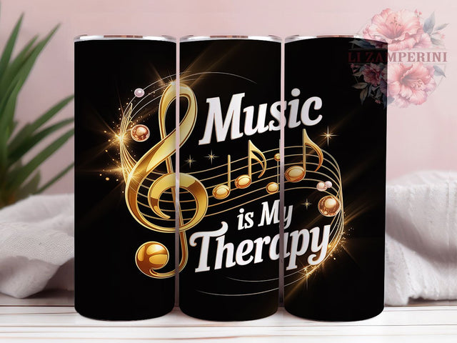 Gold Black 3D Music Therapy Tumbler, Luxury 3D Sublimation Design, Music is My Therapy Art, 20oz Music Tumbler, Elegant Musical Mug, Stylish Gold Cup, Chic Black Music Wrap Sublimation Li Zamperini 