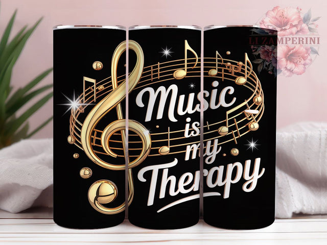 Gold Black 3D Music Therapy Tumbler, Luxury 3D Sublimation Design, Music is My Therapy Art, 20oz Music Tumbler, Elegant Musical Mug, Stylish Gold Cup, Chic Black Music Wrap Sublimation Li Zamperini 