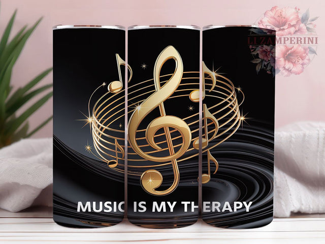 Gold Black 3D Music Therapy Tumbler, Luxury 3D Sublimation Design, Music is My Therapy Art, 20oz Music Tumbler, Elegant Musical Mug, Stylish Gold Cup, Chic Black Music Wrap Sublimation Li Zamperini 