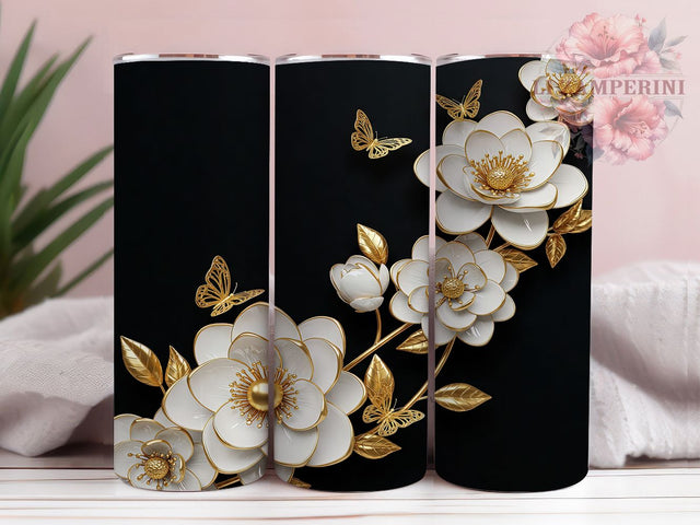 Gold Butterfly 20oz Elegant Floral Tumbler, Gold Butterfly Tumbler, White Floral Tumbler, 3D Butterfly Wrap, 20oz Tumbler Design, Sublimation Tumbler Wrap, Elegant Tumbler Sublimation Li Zamperini 