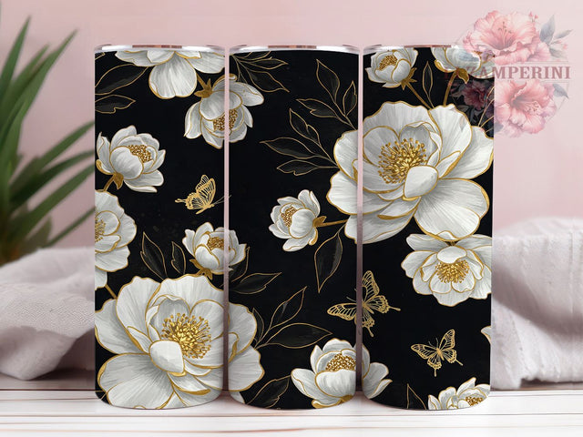 Gold Butterfly 20oz Elegant Floral Tumbler, Gold Butterfly Tumbler, White Floral Tumbler, 3D Butterfly Wrap, 20oz Tumbler Design, Sublimation Tumbler Wrap, Elegant Tumbler Sublimation Li Zamperini 