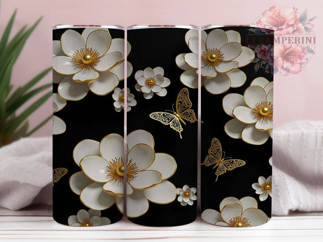 Gold Butterfly 20oz Elegant Floral Tumbler, Gold Butterfly Tumbler, White Floral Tumbler, 3D Butterfly Wrap, 20oz Tumbler Design, Sublimation Tumbler Wrap, Elegant Tumbler Sublimation Li Zamperini 