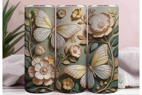 Gold Butterfly Floral Tumbler Wrap Sublimation PixelChick 