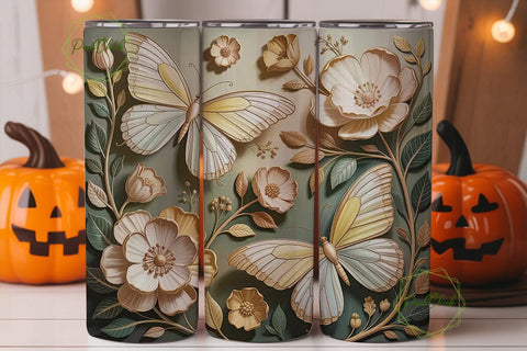 Gold Butterfly Floral Tumbler Wrap Sublimation PixelChick 