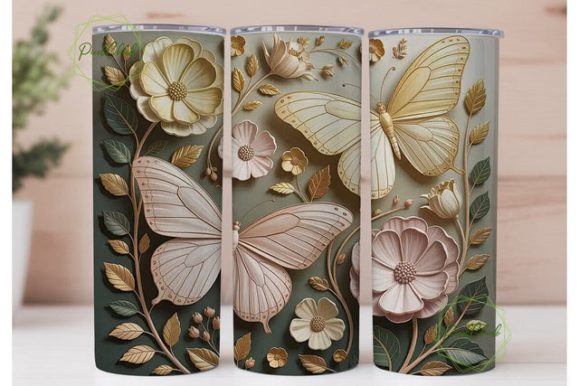 Gold Butterfly Floral Tumbler Wrap Sublimation PixelChick 
