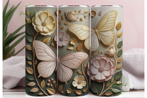 Gold Butterfly Floral Tumbler Wrap Sublimation PixelChick 