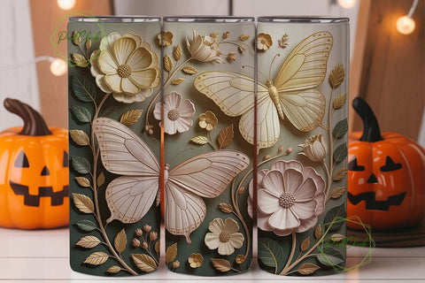Gold Butterfly Floral Tumbler Wrap Sublimation PixelChick 
