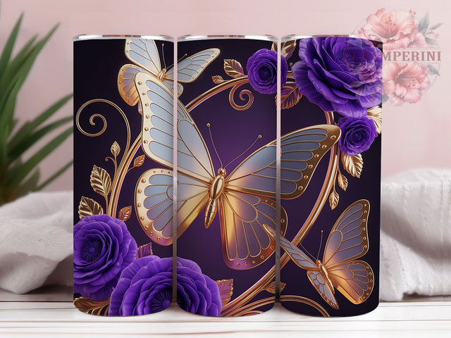 Gold Butterfly Purple Floral Glam Tumbler, Purple Flowers, Elegant Wrap, Floral Tumbler, Glam Design, Sublimation Cup, 20Oz Tumbler Sublimation Li Zamperini 