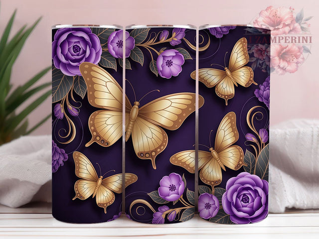 Gold Butterfly Purple Floral Glam Tumbler, Purple Flowers, Elegant Wrap, Floral Tumbler, Glam Design, Sublimation Cup, 20Oz Tumbler Sublimation Li Zamperini 