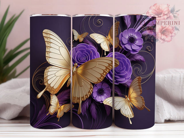 Gold Butterfly Purple Floral Glam Tumbler, Purple Flowers, Elegant Wrap, Floral Tumbler, Glam Design, Sublimation Cup, 20Oz Tumbler Sublimation Li Zamperini 