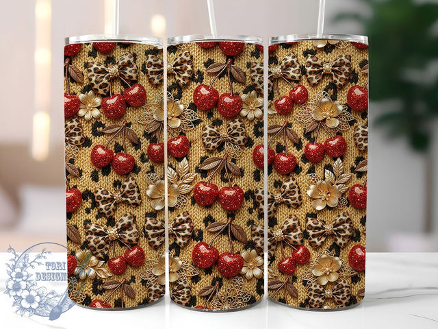 Gold Cherry Leopard Bow 20oz Tumbler, Gold Cherry, Cherry Leopard, Leopard Bow, Cherry Tumbler, 20oz Tumbler, Gold Leopard, Tumbler Wrap Sublimation ToriDesigns 