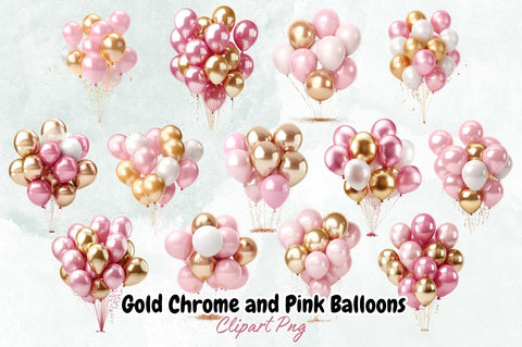 Gold Chrome and Pink Balloons Clipart Bundle Sublimation Designangry 