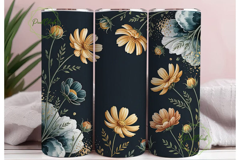 Gold Cosmos on Navy 20oz Tumbler Wrap Sublimation PixelChick 