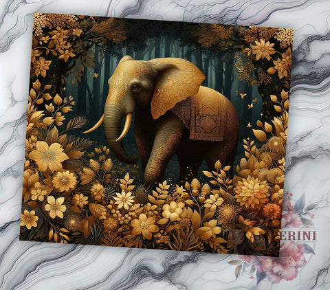 Gold Elephant Tumbler, Floral Elephant Wrap, 20oz Sublimation Design, Elephant Drinkware, Floral Tumbler Design, Unique Elephant Art, Digital Download Sublimation Li Zamperini 