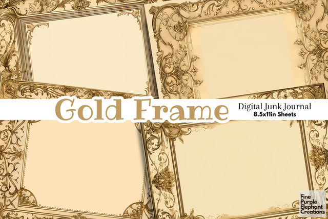 Gold Frame Paper Junk Journal Pages Digital Pattern Fine Purple Elephant Creations 