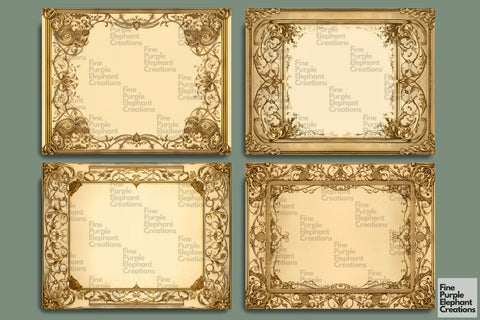Gold Frame Paper Junk Journal Pages Digital Pattern Fine Purple Elephant Creations 