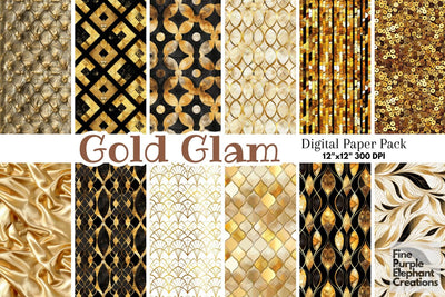 Gold Glam Digital Paper | Luxury Glitter Art Deco Digital Pattern Fine Purple Elephant Creations 