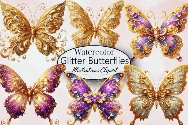 Gold Glitter Butterflies Clipart PNG Sublimation SVGArt 