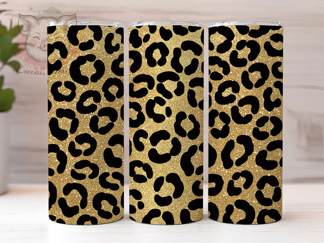 Gold Glitter Leopard 20oz Tumbler Wrap, Gold Glitter, Black Background, Leopard Print, Animal Print Wrap, 20oz Tumbler Wrap, Sublimation PNG Sublimation Lara' s Designs 