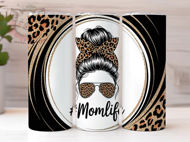 Gold Glitter Leopard Mom Tumbler, Leopard Print Mom Life, Messy Bun Tumbler, 20oz Sublimation Design, Sparkle Mom Life Wrap, Leopard Mom Cup, Glitter Mom Wrap Sublimation Lara' s Designs 