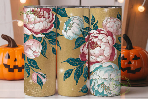 Gold Glitter Peony 20oz Tumbler Wrap Sublimation PixelChick 