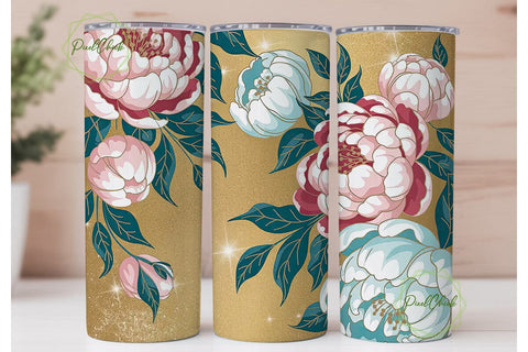 Gold Glitter Peony 20oz Tumbler Wrap Sublimation PixelChick 