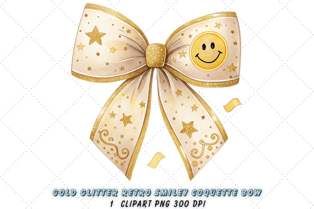 Gold Glitter Retro Smiley Coquette Bow Clipart, gold retro bow, smiley coquette bow, glitter bow design, retro smiley clipart, digital bow design, luxurious gold bow, smiley bow art Sublimation FloridPrintables 