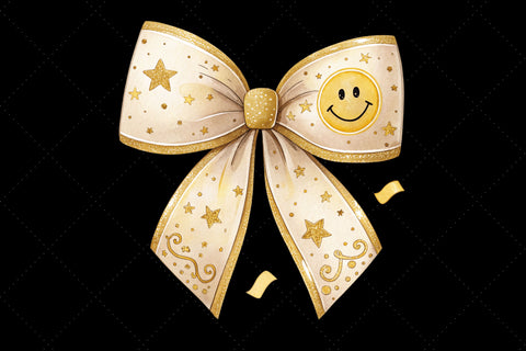 Gold Glitter Retro Smiley Coquette Bow Clipart, gold retro bow, smiley coquette bow, glitter bow design, retro smiley clipart, digital bow design, luxurious gold bow, smiley bow art Sublimation FloridPrintables 