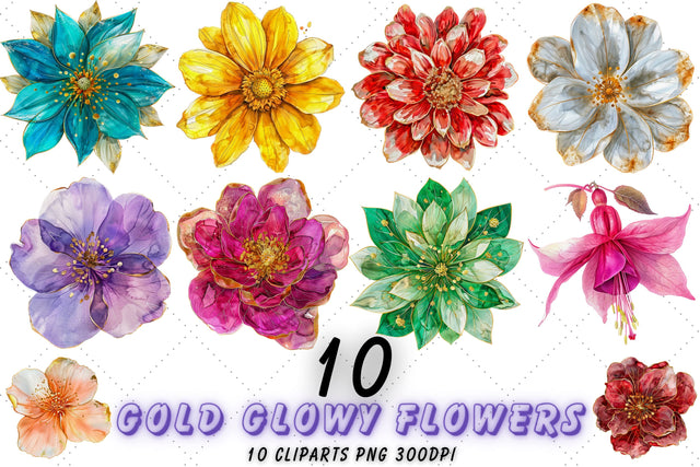 Gold Glowy Flowers Clipart, Flower PNG, watercolor flowers Sublimation FloridPrintables 