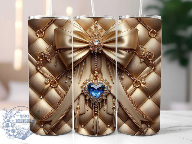 Gold Heart Diamond Bow Tumbler, Diamond Bow Wrap, Glitter Sublimation Design, Elegant Gold Cup, 20Oz Skinny Tumbler Wrap, Sparkling Holiday Mug, Glamorous Bow Design Sublimation ToriDesigns 