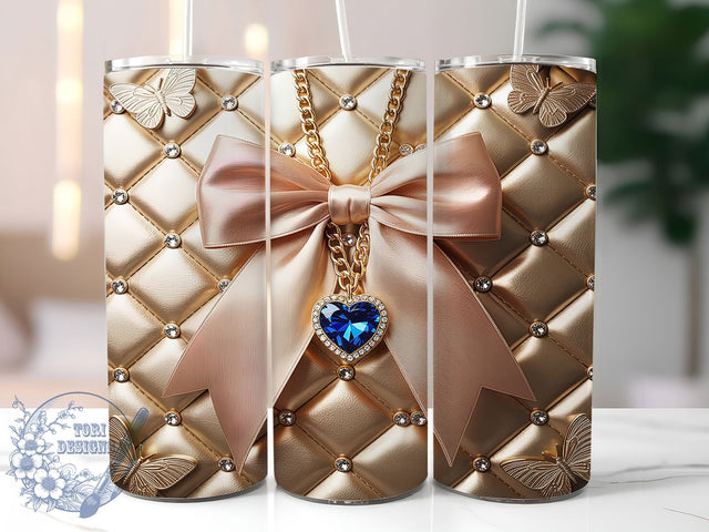 Gold Heart Diamond Bow Tumbler, Diamond Bow Wrap, Glitter Sublimation Design, Elegant Gold Cup, 20Oz Skinny Tumbler Wrap, Sparkling Holiday Mug, Glamorous Bow Design Sublimation ToriDesigns 