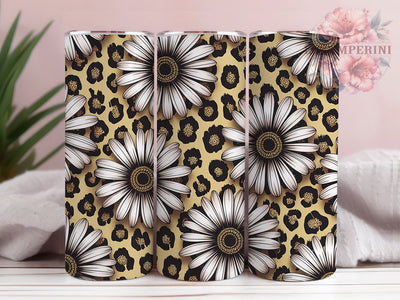 Gold Leopard Daisy Glam 20oz Tumbler, Leopard Print, Black White Daisies, Seamless Wallpaper, Glamorous Design, 20oz Tumbler Wrap, Sublimation PNG Sublimation Li Zamperini 