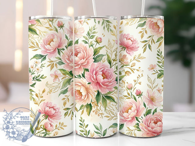 Gold Pink Floral 20oz Tumbler, Seamless Floral Tumbler, Elegant Sublimation, Stylish Wrap Design, Sparkly PNG, 20oz Tumbler Wrap Sublimation ToriDesigns 