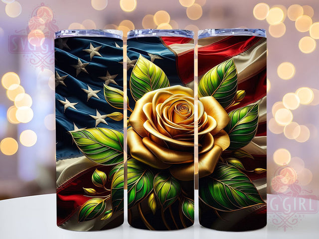 Gold Rose Patriotic 20oz Tumbler, USA Flag Wrap, Sublimation Gift, Patriotic Mug, 20oz Tumbler Design, Gold Rose Graphic, American Pride Theme Sublimation SvggirlplusArt 