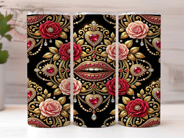 Gold Ruby Lips Baroque Heart 20oz Tumbler, Luxury Design, Baroque Filigree, Jeweled Heart, Intricate Chains, Skinny Tumbler, Sublimation PNG Sublimation Lara' s Designs 