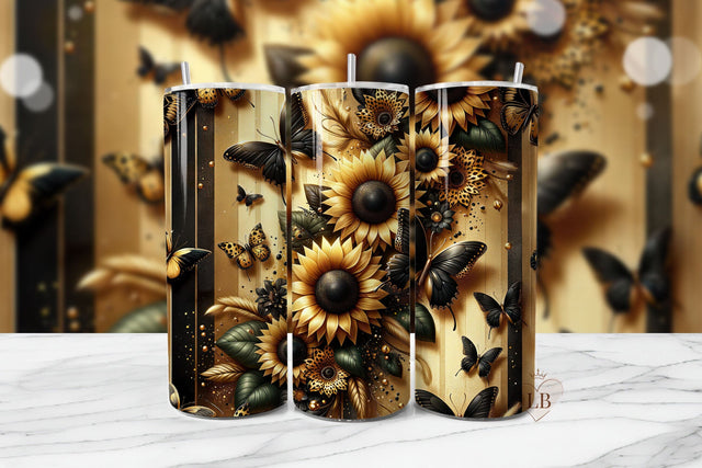Gold Sunflower Butterfly Tumbler PNG Sublimation BijouBay 