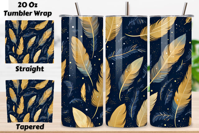 Gold Teal Feathers Tumbler Wrap | seamless wrap png Sublimation FloridPrintables 