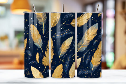 Gold Teal Feathers Tumbler Wrap | seamless wrap png Sublimation FloridPrintables 